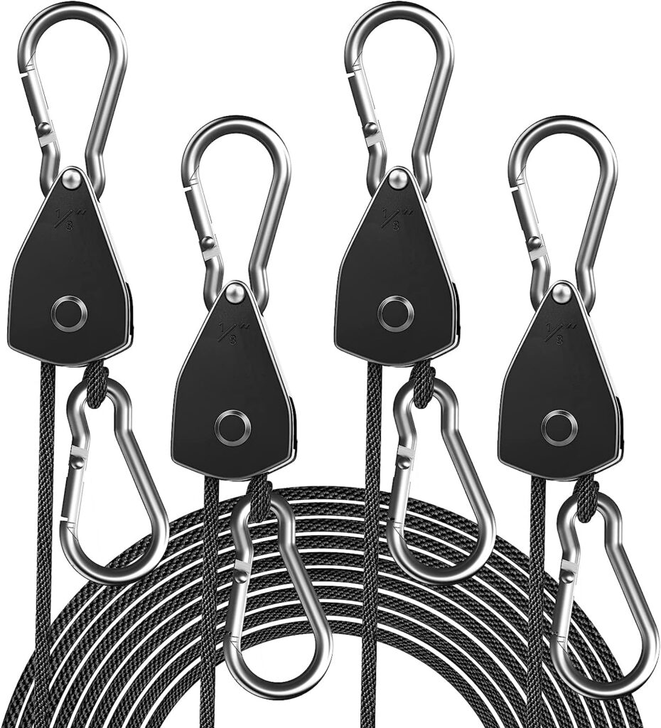 4-PACK 1/8" ADJUSTABLE ROPE HANGER | HEAVY DUTY RATCHET HANG STRAP | RATCHETING PULLEY SYSTEM FOR HANGING PLANTS GROW LIGHTS