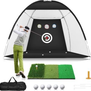 GOLF NET | 10X7FT GOLF PRACTICE NET WITH TRI-TURF GOLF MAT | ALL IN 1 HOME GOLF HITTING AID NETS FOR BACKYARD SWING TRAINING WITH TARGET/MAT/BALLS/TEE/BAG