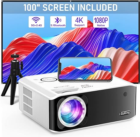 AUKING PROJECTOR WITH WIFI AND BLUETOOTH, 2024 UPGRADE NATIVE 1080P 4K PROJECTOR SUPPORTED, 480 ANSI OUTDOOR PROJECTOR WITH 100" SCREEN AND TRIPOD